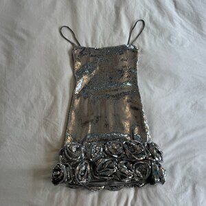 Gorgoues meshki silver sequin bodycon dress with embroidered rose details